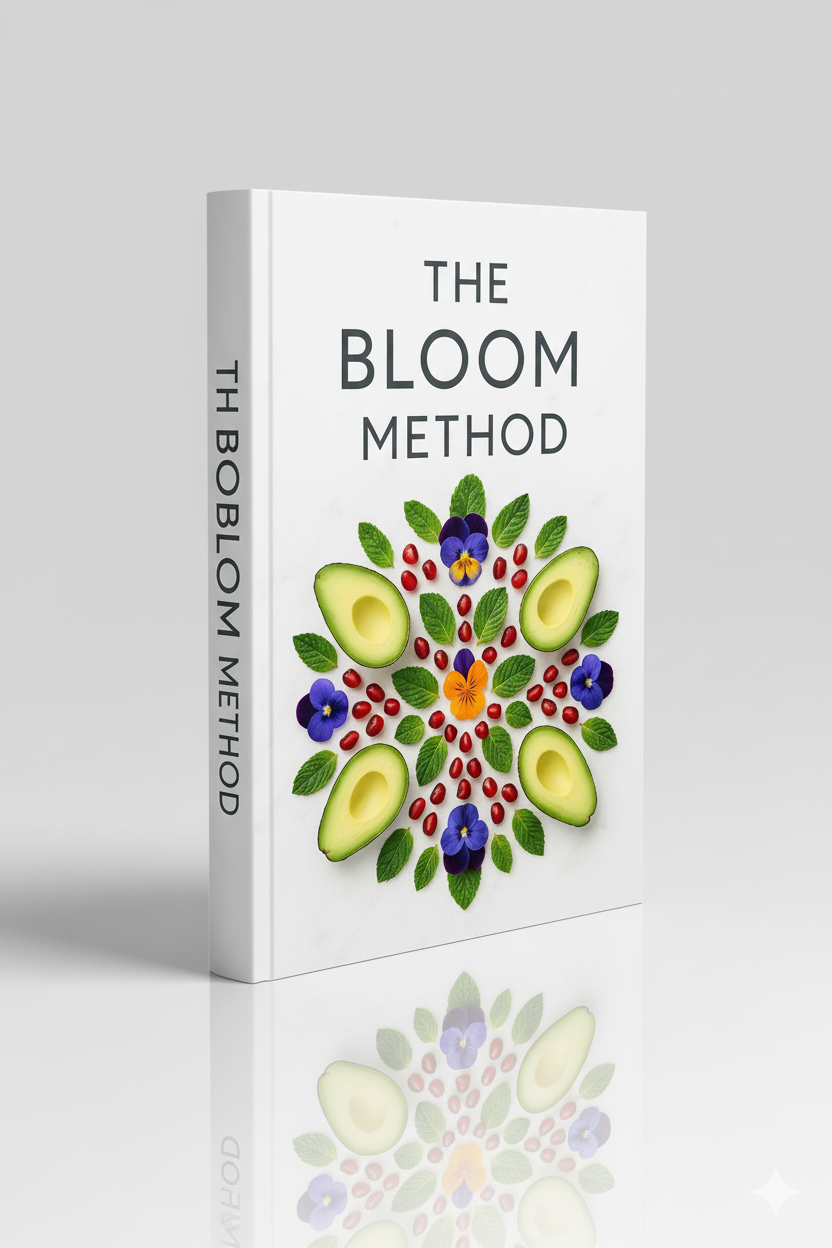 A beautiful mockup of 'The Bloom Method' e-book displayed on a tablet, with a background of fresh ingredients.